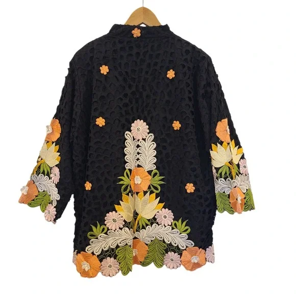 Vtg Queen Caro Of Honolulu Black Jacket Floral Embroidered Eyelet‎ Large Artsy - Picture 5 of 10